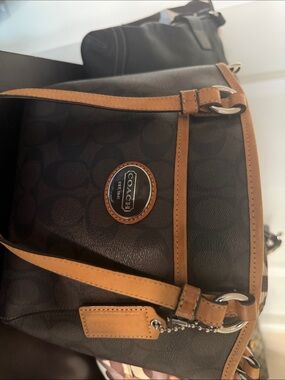 Coach Brown Canvas Shoulder Bag with Tan Trim